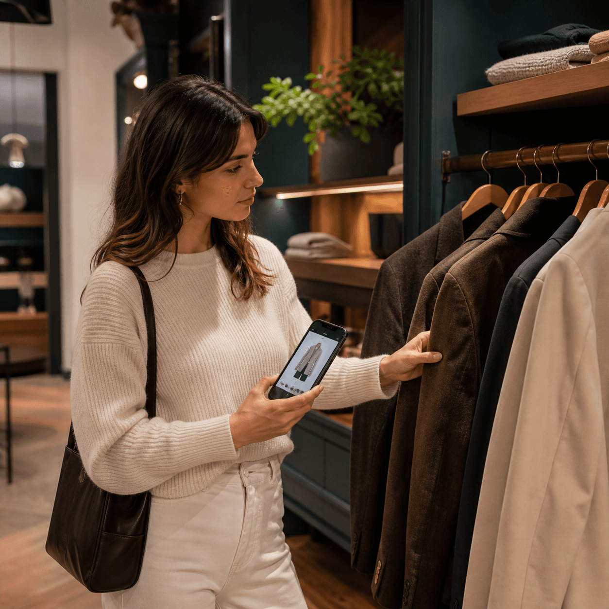 Customer checking a product on a smartphone in store