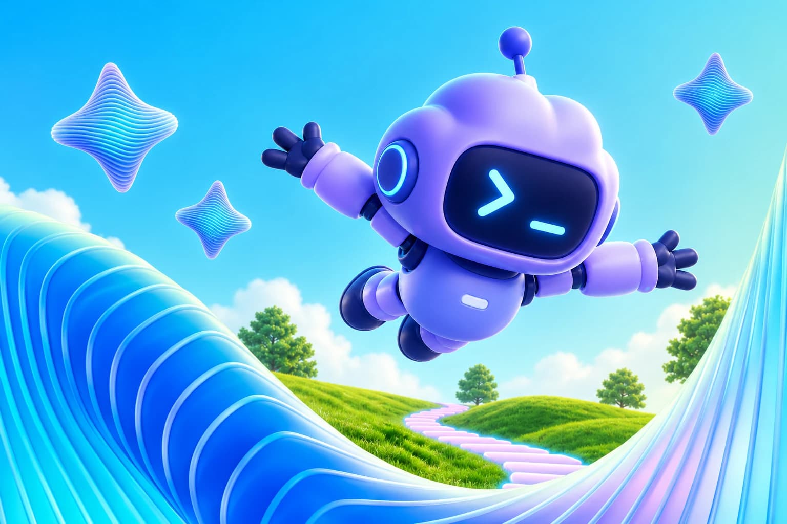 EVA, the Esdra mascot, flies between blue waves and green hills.
